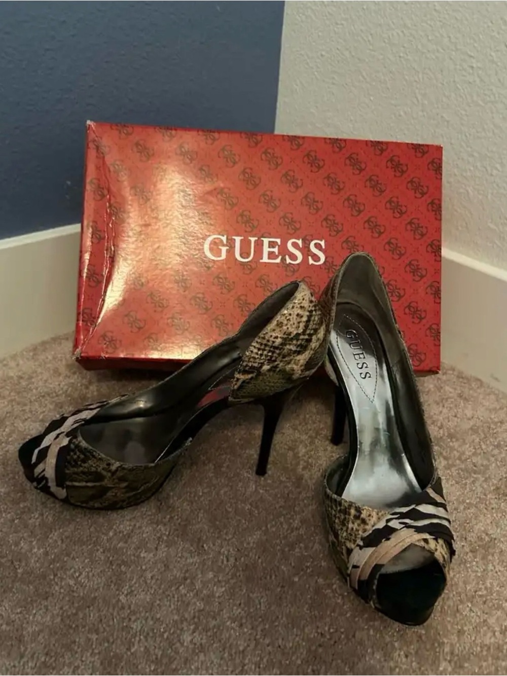 GUESS Women's Snake Print Peep-Toe Stilettos in Beige and Black
